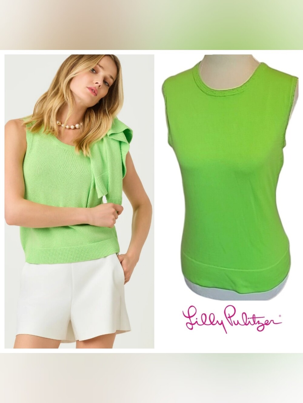 Lilly Pulitzer | Amalia Sleeveless Crewneck Cotton Knit Sweater Tank Lime Green